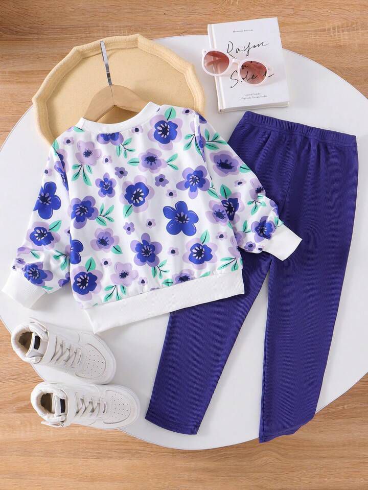 Glozin Girls Floral Sweatshirt & Ribbed Legging Set – Blue & Purple Flower Outfit | Stylish Kidswear (1–14 Years)