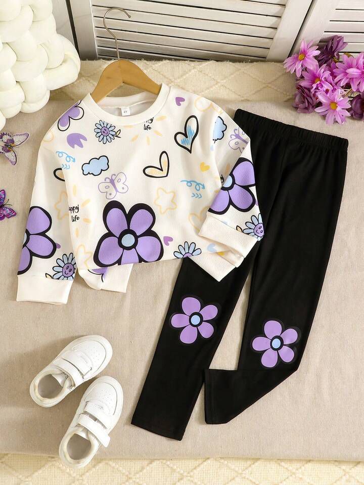 Glozin Girls Floral Print Sweatshirt & Legging Set – Cute Flower Outfit for Kids | Comfortable Daily Wear (1–14 Years)