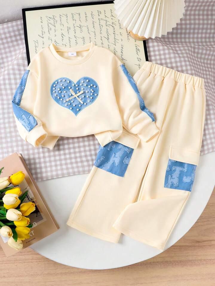 Glozin Girls Pearl Heart Sweatshirt & Jogger Set – Soft Cotton Outfit with Blue Patchwork | Kids Clothing Set (1–14 Years)