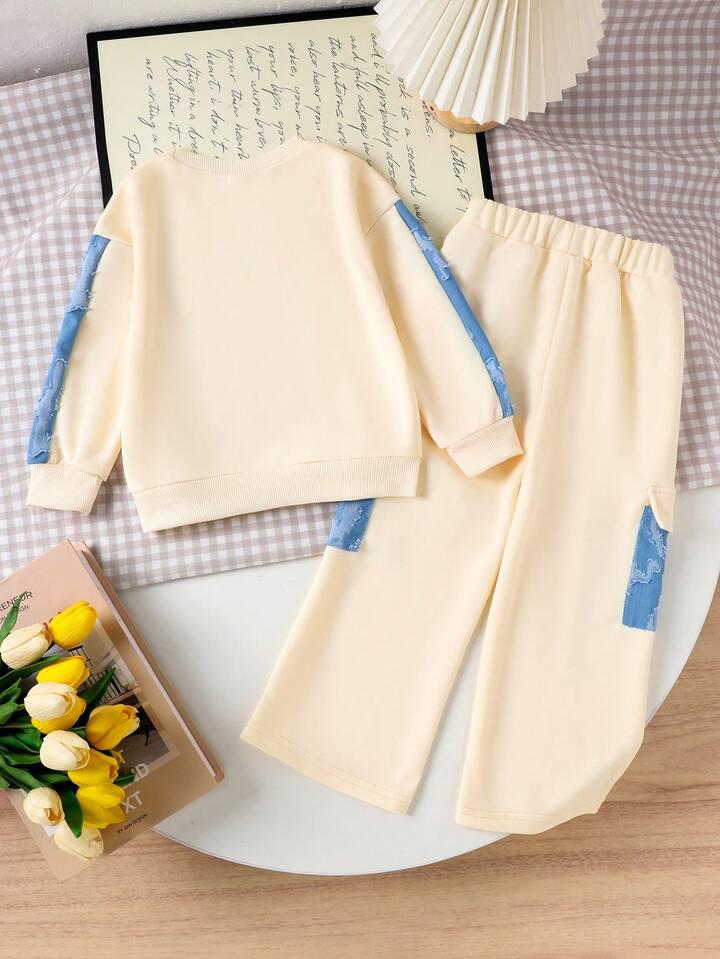 Glozin Girls Pearl Heart Sweatshirt & Jogger Set – Soft Cotton Outfit with Blue Patchwork | Kids Clothing Set (1–14 Years)