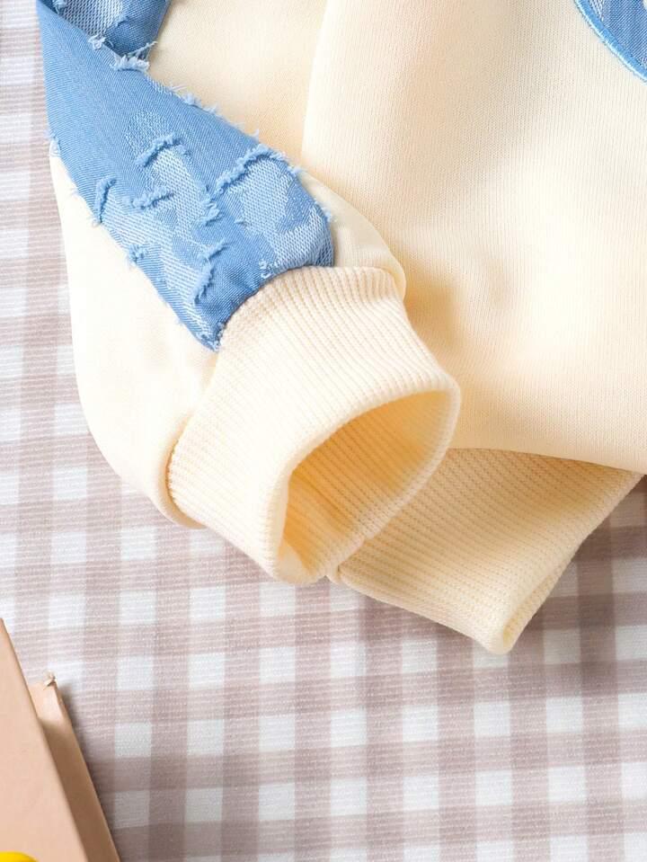 Glozin Girls Pearl Heart Sweatshirt & Jogger Set – Soft Cotton Outfit with Blue Patchwork | Kids Clothing Set (1–14 Years)