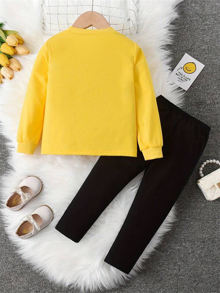 vGlozin Girls Yellow & Black Winter Co-Ord Set with Bow & Heart Patch | Full Sleeve Sweatshirt & Legging Set for Kids (1–14 Years)