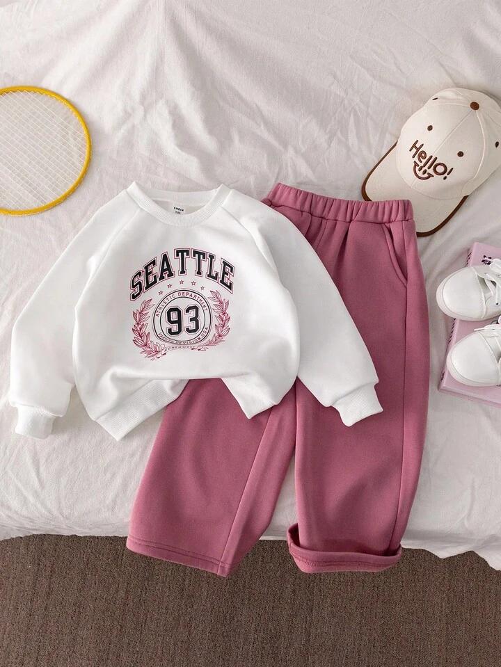 Glozin Kids White & Pink Winter Tracksuit Set with Seattle Print | Full Sleeve Sweatshirt & Jogger Pant Set for Boys & Girls (1–14 Years)