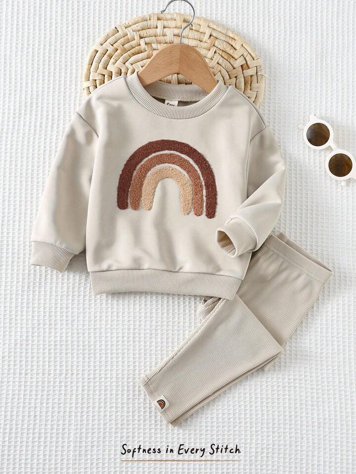 Glozin Kids Beige Winter Tracksuit Set with Rainbow Patch | Full Sleeve Sweatshirt & Ribbed Pant Set for Boys & Girls (1–14 Years)