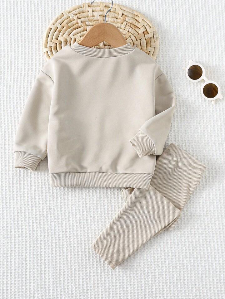 Glozin Kids Beige Winter Tracksuit Set with Rainbow Patch | Full Sleeve Sweatshirt & Ribbed Pant Set for Boys & Girls (1–14 Years)