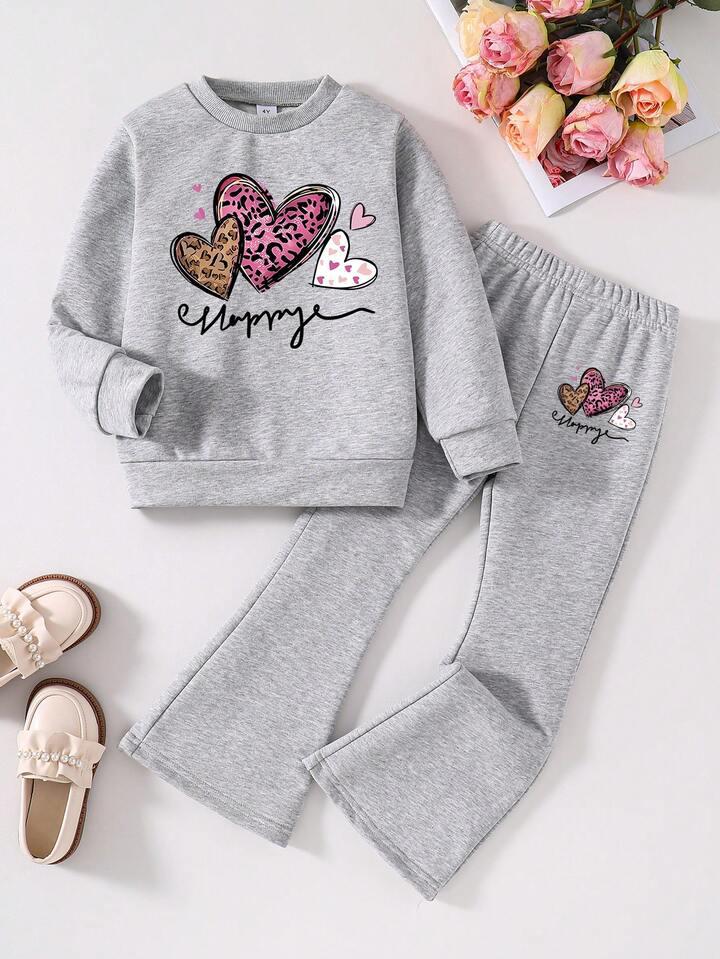 Glozin Girls Grey Winter Tracksuit Set with Heart Print | Full Sleeve Sweatshirt & Wide Leg Jogger Pant Set for Kids (1–14 Years)