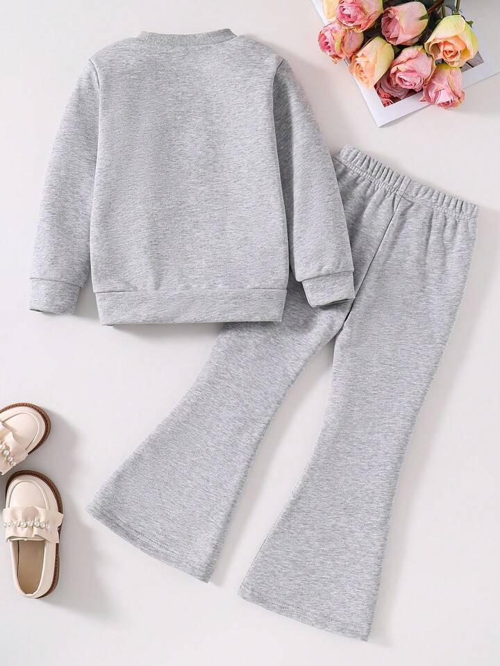 Glozin Girls Grey Winter Tracksuit Set with Heart Print | Full Sleeve Sweatshirt & Wide Leg Jogger Pant Set for Kids (1–14 Years)