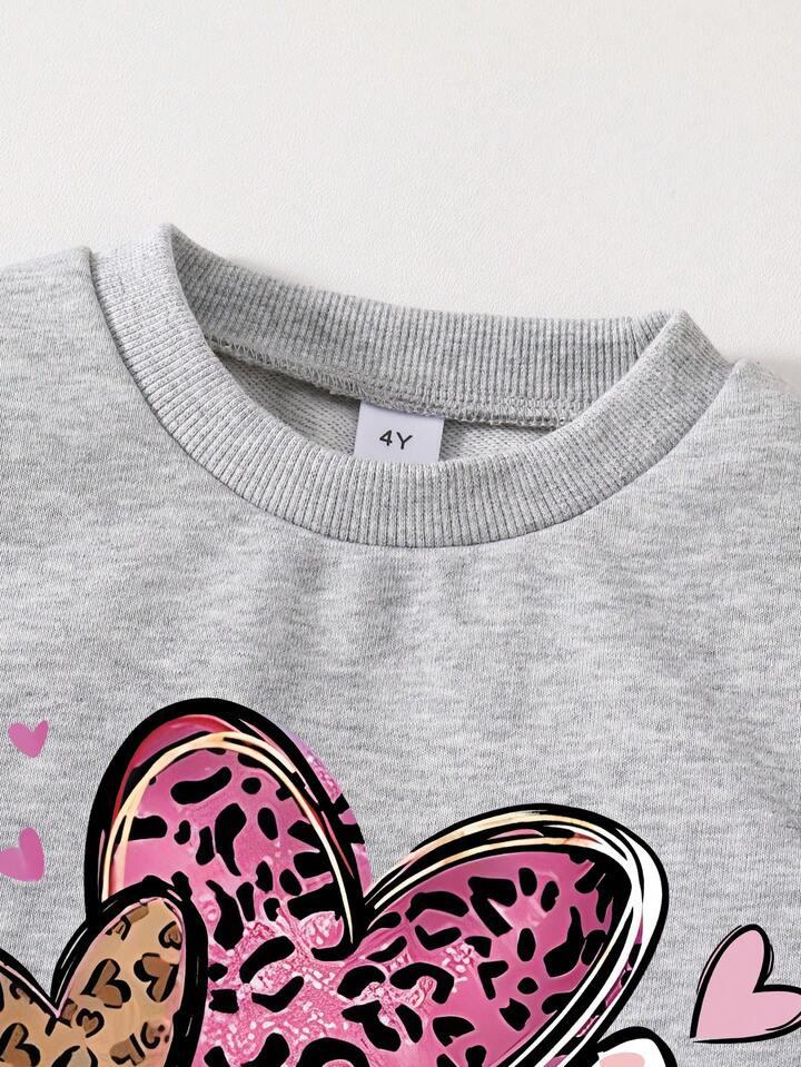 Glozin Girls Grey Winter Tracksuit Set with Heart Print | Full Sleeve Sweatshirt & Wide Leg Jogger Pant Set for Kids (1–14 Years)