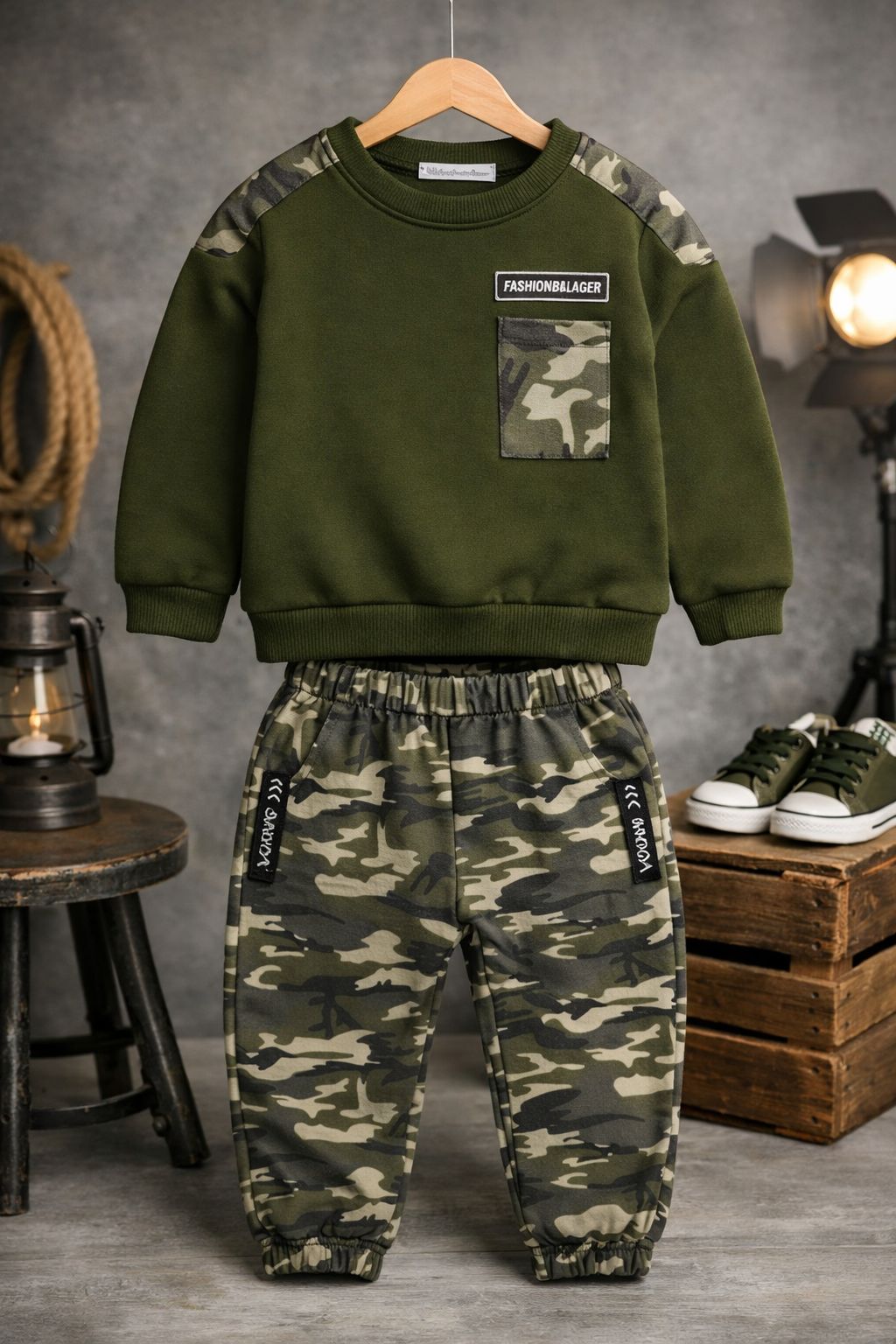 Glozin Kids Camouflage Sweatshirt & Jogger Set | Boys Winter Wear Co-Ord Set | Available in White, Black & Military Green | Ages 1–14 Years