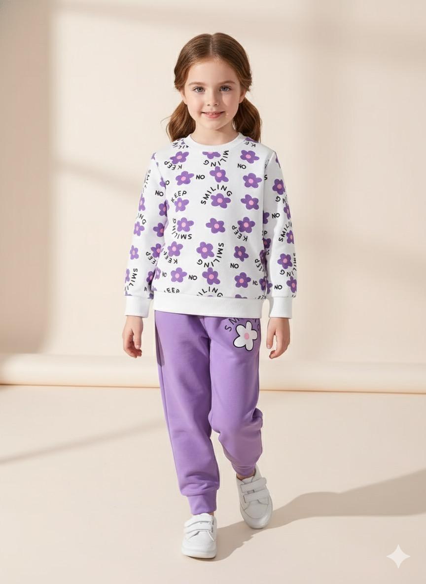 Trendy “Keep Smiling” Floral Sweatshirt & Jogger Pant Set for Girls | Stylish Winter Co-Ord Set | Kids Full Sleeve Top & Bottom Set (1–14 Years)