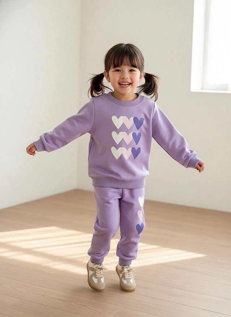 Kids Premium Cotton Blend Heart Print Co-Ord Set | Girls Full Sleeve Sweatshirt & Jogger Pants Set | Winter Wear Tracksuit for 1–14 Years