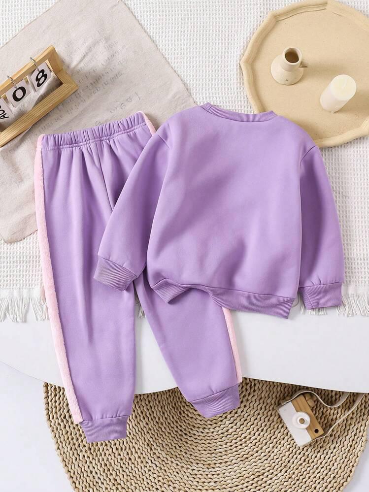 Girls Winter Heart Design Sweatshirt & Jogger Set – Soft Fleece Warm Clothing Set with Bow Detail | Lavender Kids Outfit (1–14 Years)