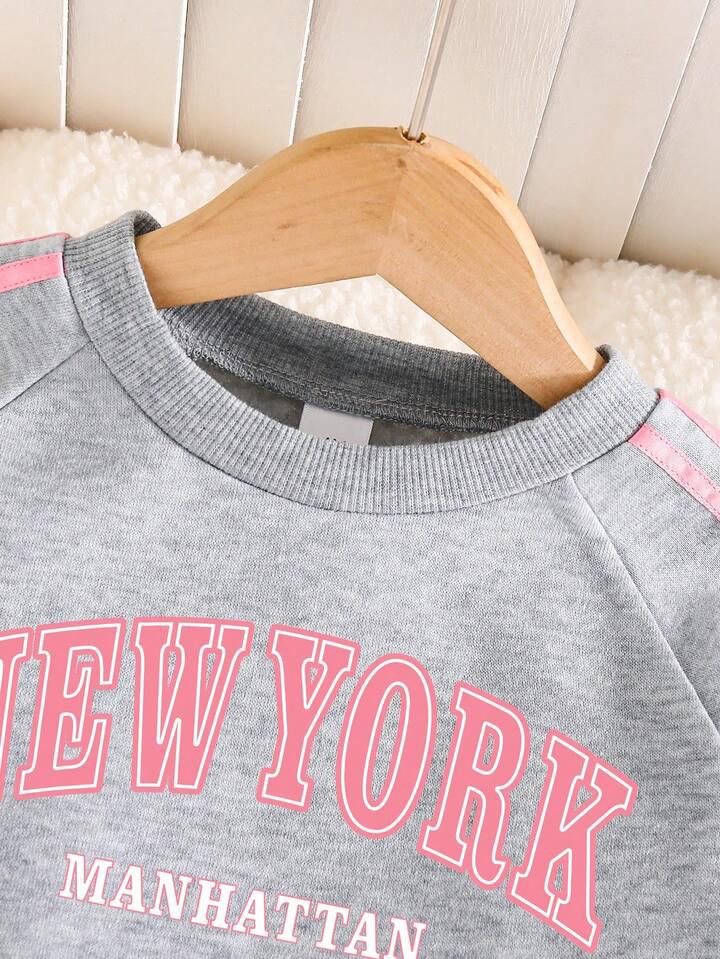 Glozin Girls’ Grey “New York Manhattan” Sweatshirt & Jogger Set – Soft Winter Tracksuit with Pink Bow Detail (1–14 Years)