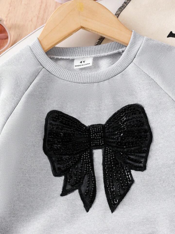 Glozin Girls Winter Tracksuit Set with Black Bow | Full Sleeve Sweatshirt & Jogger Pant Set for Kids (1–14 Years)