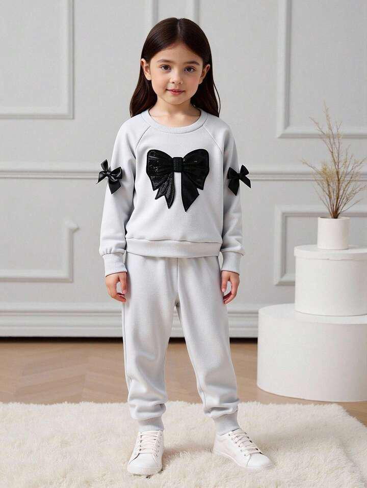Glozin Girls Winter Tracksuit Set with Black Bow | Full Sleeve Sweatshirt & Jogger Pant Set for Kids (1–14 Years)