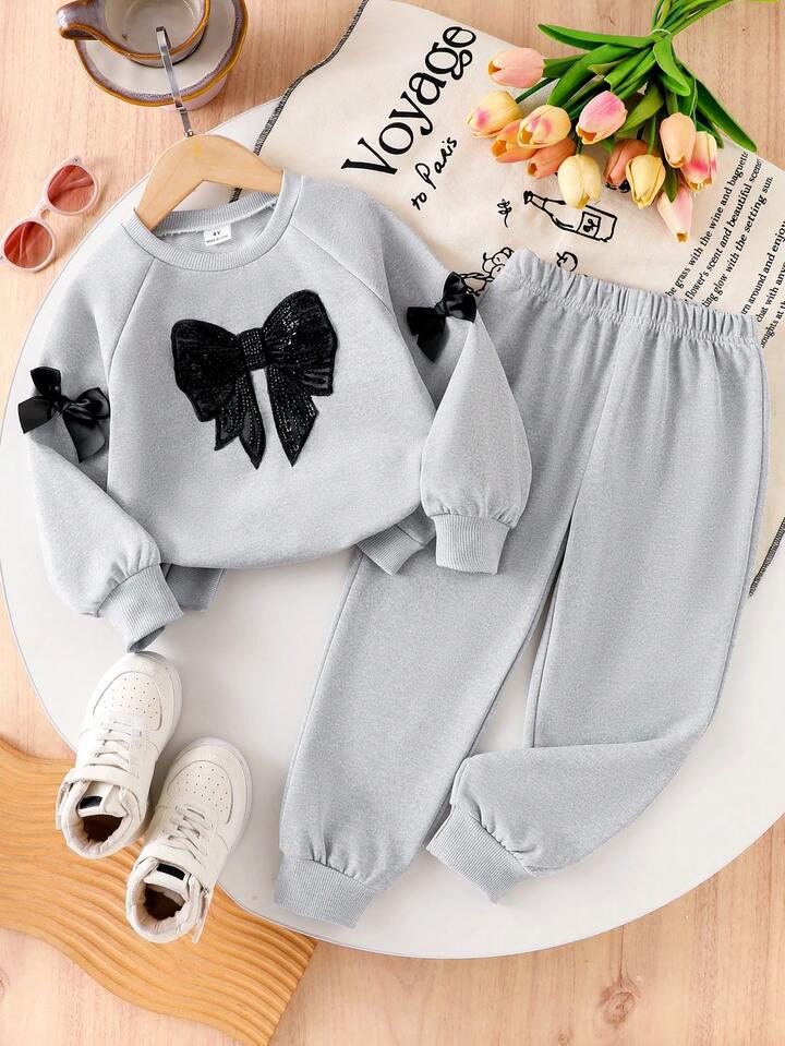 Glozin Girls Winter Tracksuit Set with Black Bow | Full Sleeve Sweatshirt & Jogger Pant Set for Kids (1–14 Years)