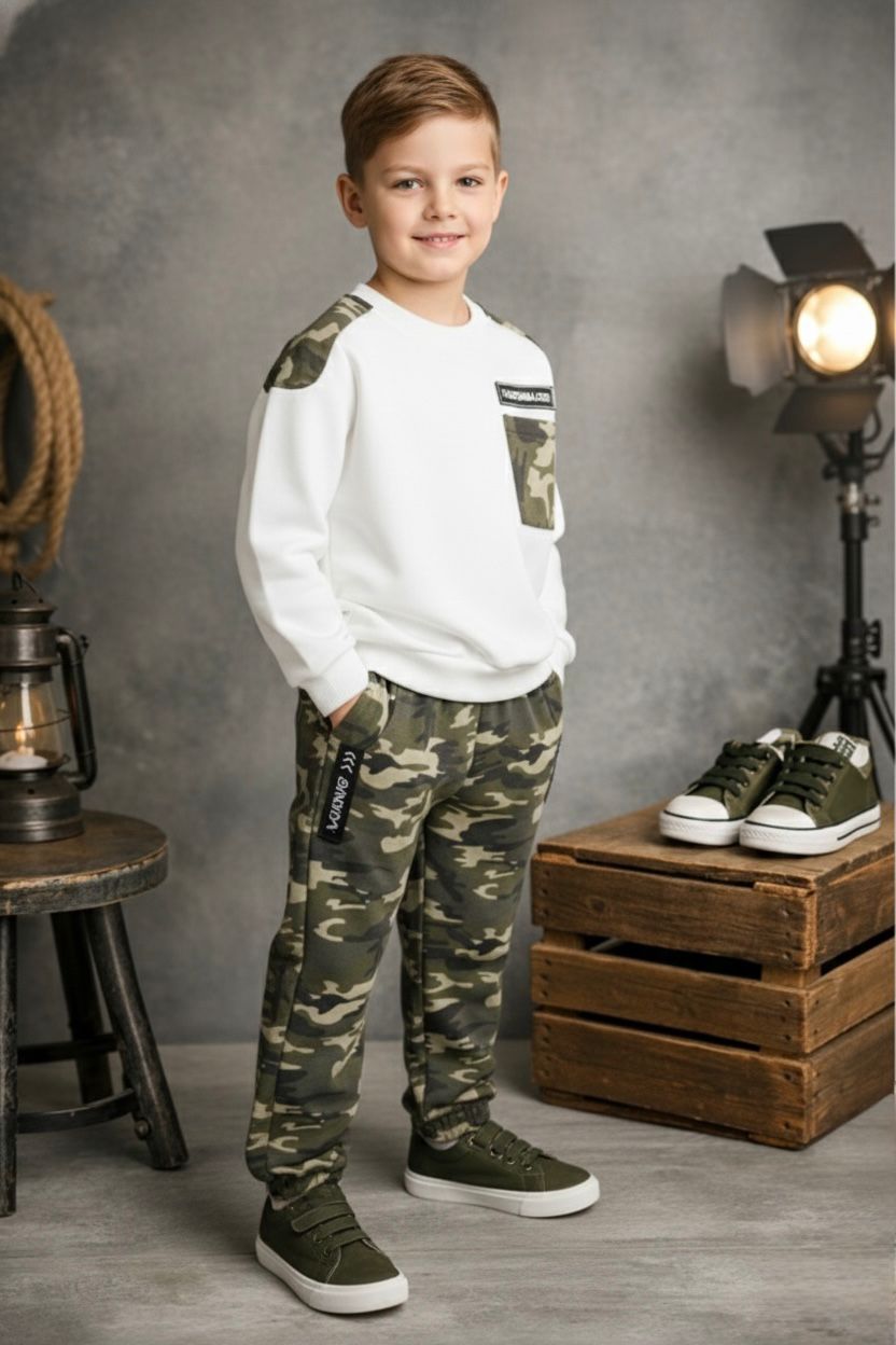 Glozin Kids Camouflage Sweatshirt & Jogger Set | Boys Winter Wear Co-Ord Set | Available in White, Black & Military Green | Ages 1–14 Years