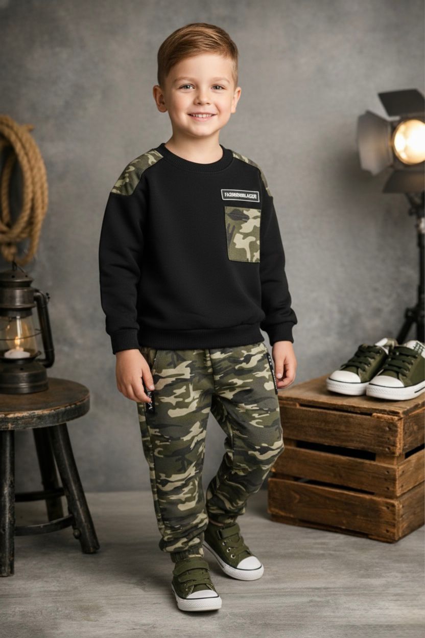 Glozin Kids Camouflage Sweatshirt & Jogger Set | Boys Winter Wear Co-Ord Set | Available in White, Black & Military Green | Ages 1–14 Years