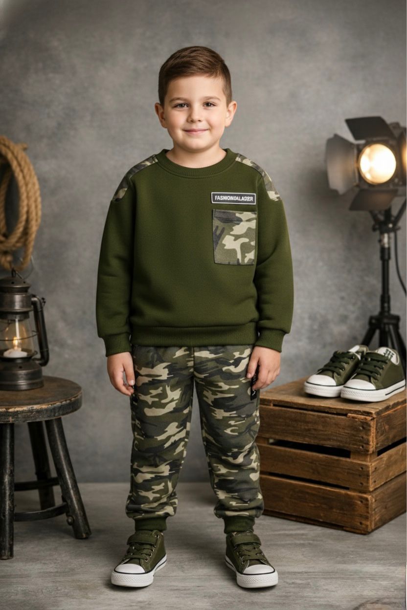 Glozin Kids Camouflage Sweatshirt & Jogger Set | Boys Winter Wear Co-Ord Set | Available in White, Black & Military Green | Ages 1–14 Years