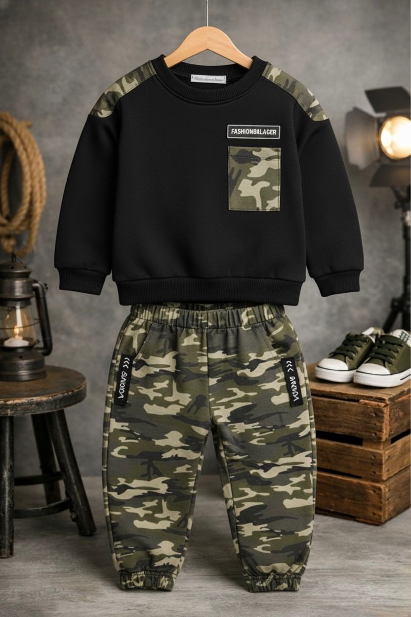 Glozin Kids Camouflage Sweatshirt & Jogger Set | Boys Winter Wear Co-Ord Set | Available in White, Black & Military Green | Ages 1–14 Years