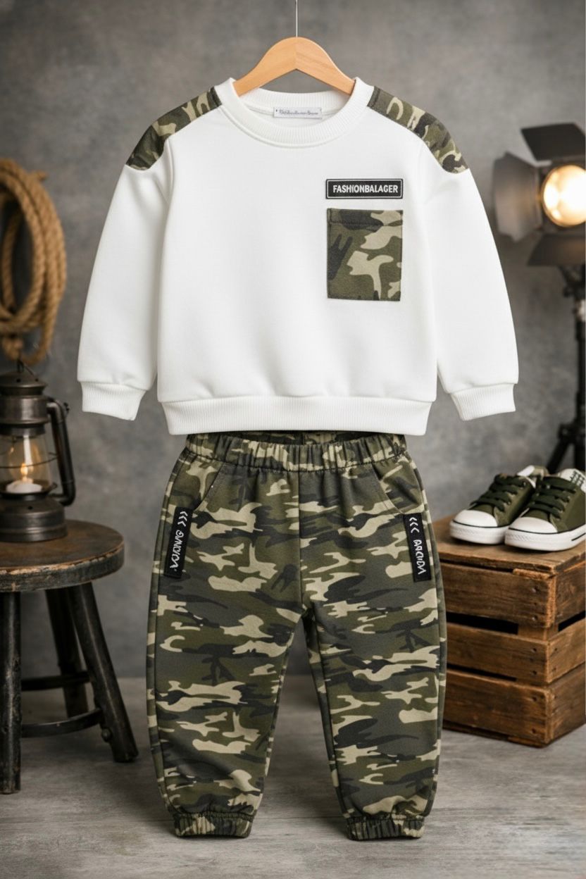 Glozin Kids Camouflage Sweatshirt & Jogger Set | Boys Winter Wear Co-Ord Set | Available in White, Black & Military Green | Ages 1–14 Years