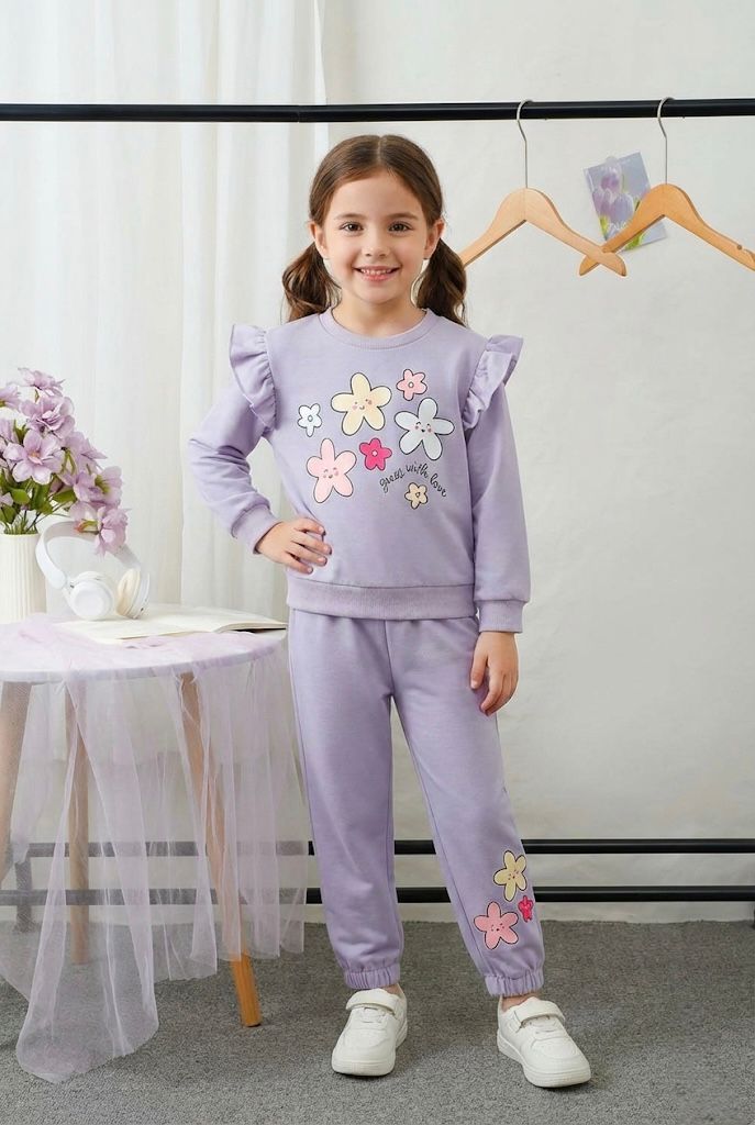 Girls Floral Printed Winter Co-ord Set | Lavender Fleece Sweatshirt with Ruffles & Jogger Pant | Warm & Stylish Outfit (1–14 Years)