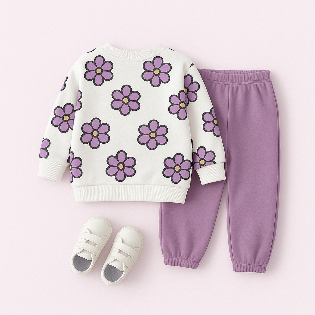 Trendy Purple Floral Sweatshirt & Pant Set for Girls | Winter Co-Ord Set | Soft Cotton Fleece Outfit for Kids (1–14 Years)