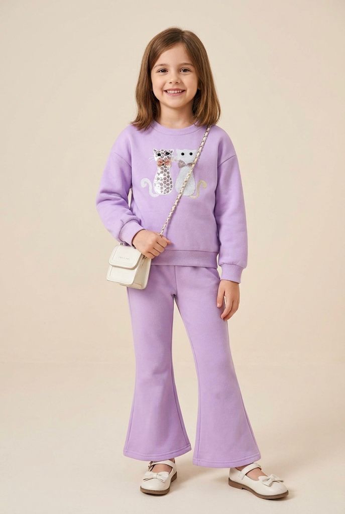Girls Cat Printed Winter Co-ord Set | Lavender Fleece Sweatshirt & Bell-Bottom Pant | Warm & Stylish Outfit (1–14 Years)