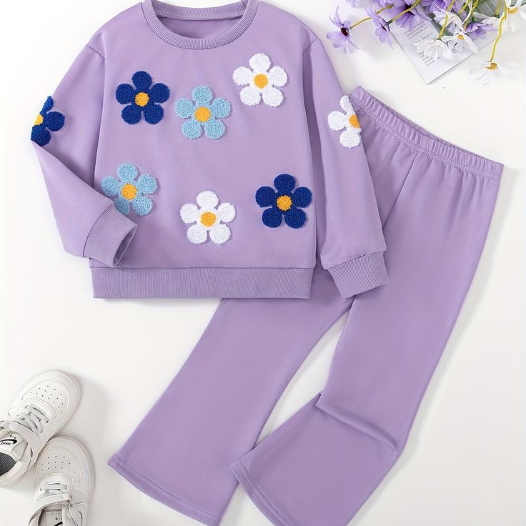 Girls Lavender Daisy Flower Co-ord Set | Soft Fleece Sweatshirt & Bell-Bottom Pant | Winter Wear Outfit (1–14 Years)