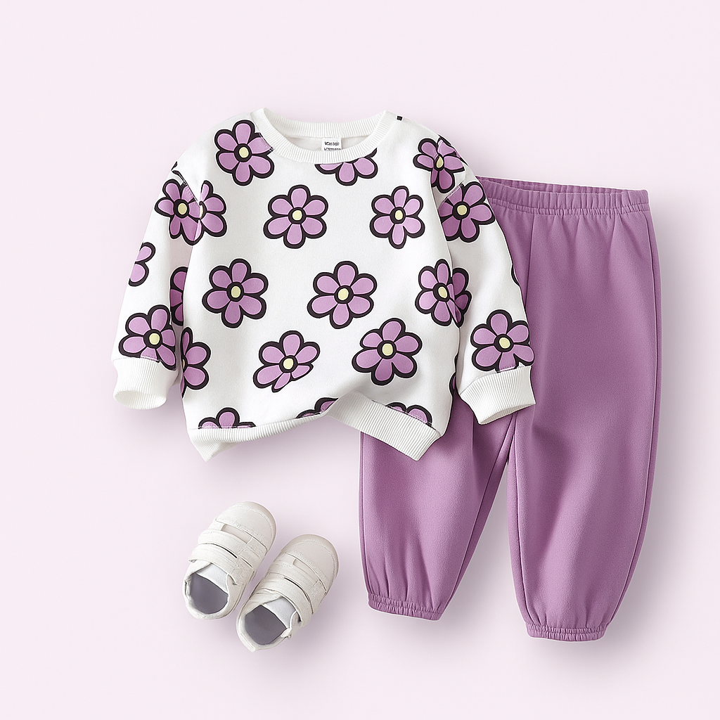 Trendy Purple Floral Sweatshirt & Pant Set for Girls | Winter Co-Ord Set | Soft Cotton Fleece Outfit for Kids (1–14 Years)