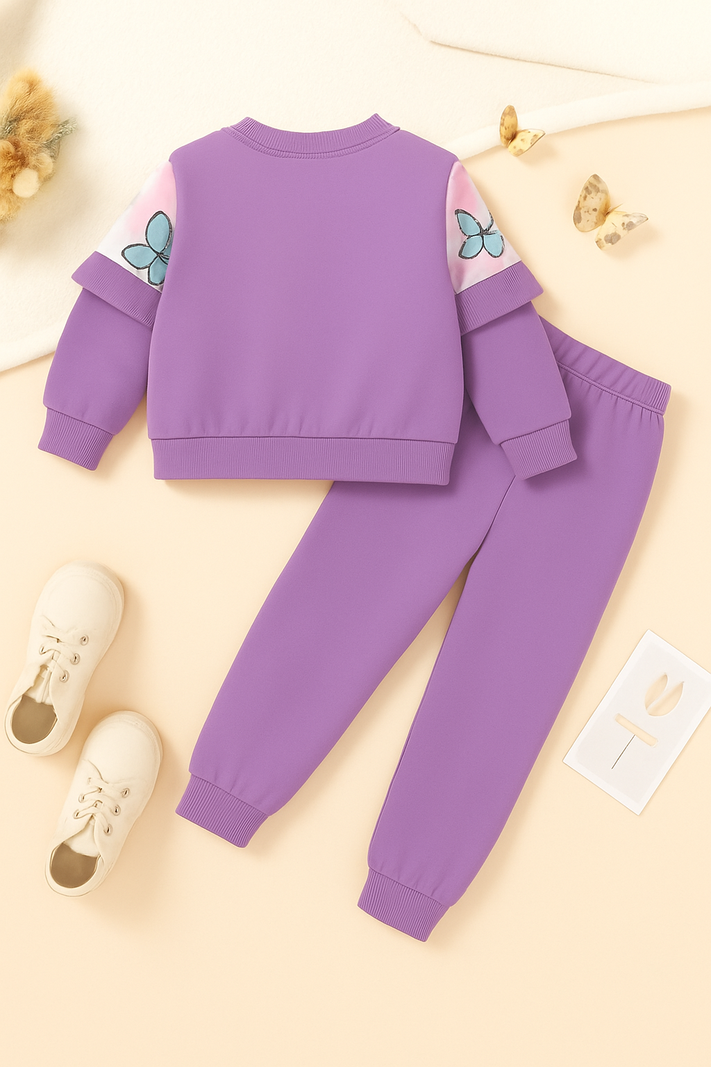 Girls Butterfly Print Winter Sweatshirt & Pant Set – Soft Cotton Fleece Co-Ord Tracksuit for Kids (1–14 Years)