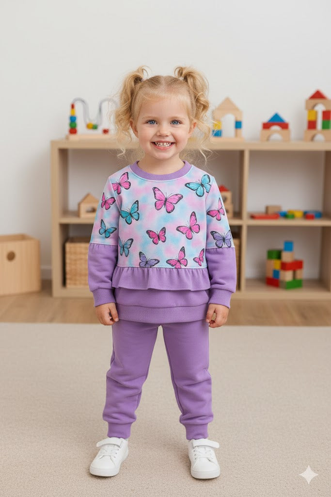 Lavender Butterfly Print Girls Sweatshirt & Pant Set | Soft Fleece Winter Co-Ord Outfit for Kids (1–14 Years)