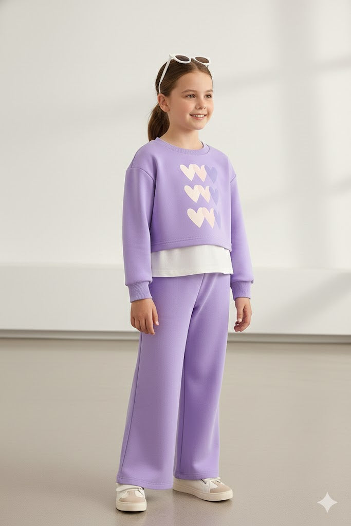 Girls Lilac Heart Printed Co-Ord Set | Sweatshirt & Jogger Pant for Kids | Casual Wear Dress Set (1–14 Years)