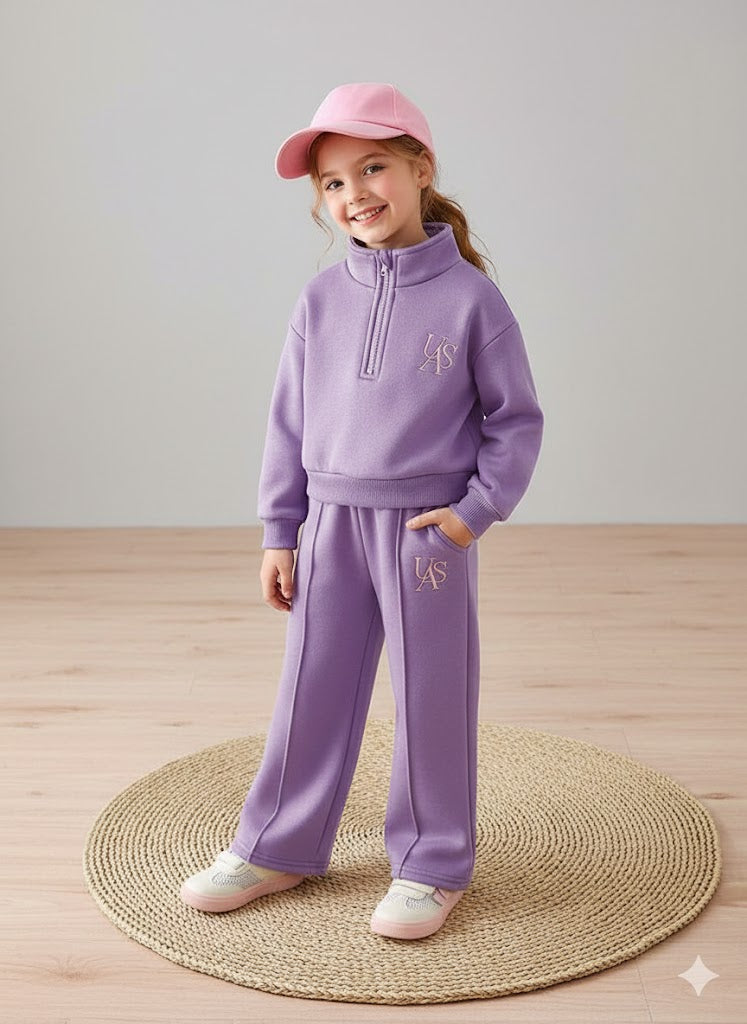 Girls Lavender High-Neck Sweatshirt & Wide-Leg Pant Co-ord Set | Winter Wear Tracksuit for Kids | Soft Warm Fabric (1–14 Years)