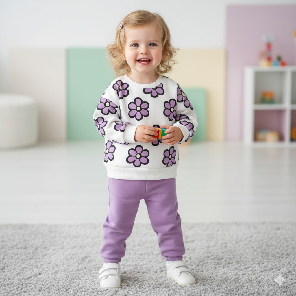 Trendy Purple Floral Sweatshirt & Pant Set for Girls | Winter Co-Ord Set | Soft Cotton Fleece Outfit for Kids (1–14 Years)